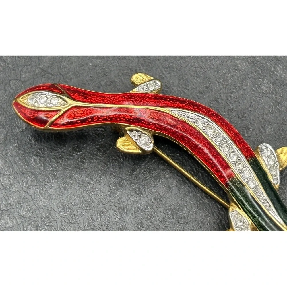 Vintage Red Green Enamel Rhinestone Crystal Lizard Salamander Brooch Pin